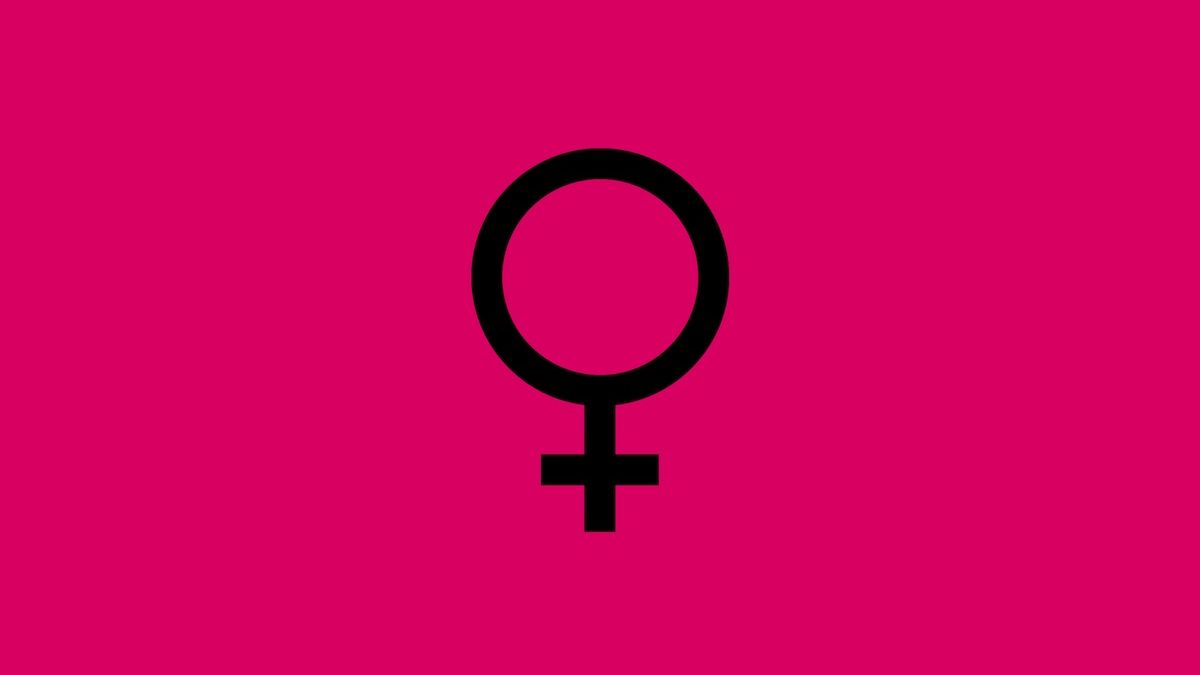 Graphic depicts a female symbol over a magenta backdrop