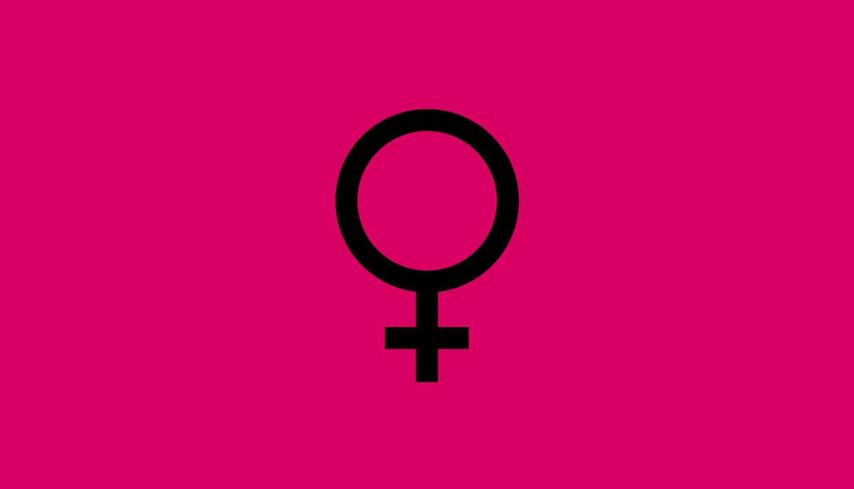 Graphic depicts a female symbol over a magenta backdrop
